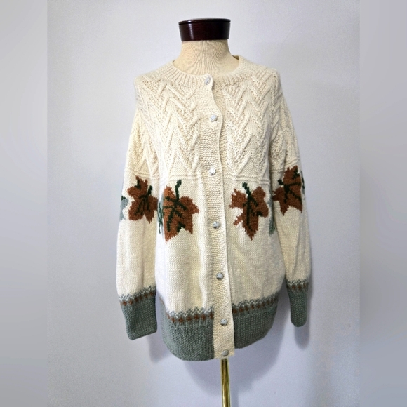 NANDO Extra Fine Alpaca Hand Knit Cream/Green/ Brown Leaf Pattern Cardigan. Med - Picture 1 of 14